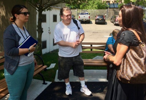 Are Tiger Dams the Answer for Roosevelt Island Flood Control? RIOC Explores Before the tour, Cheryl Witmer for US Flood Control preps with Tamara Andreatta and Frank Farance.